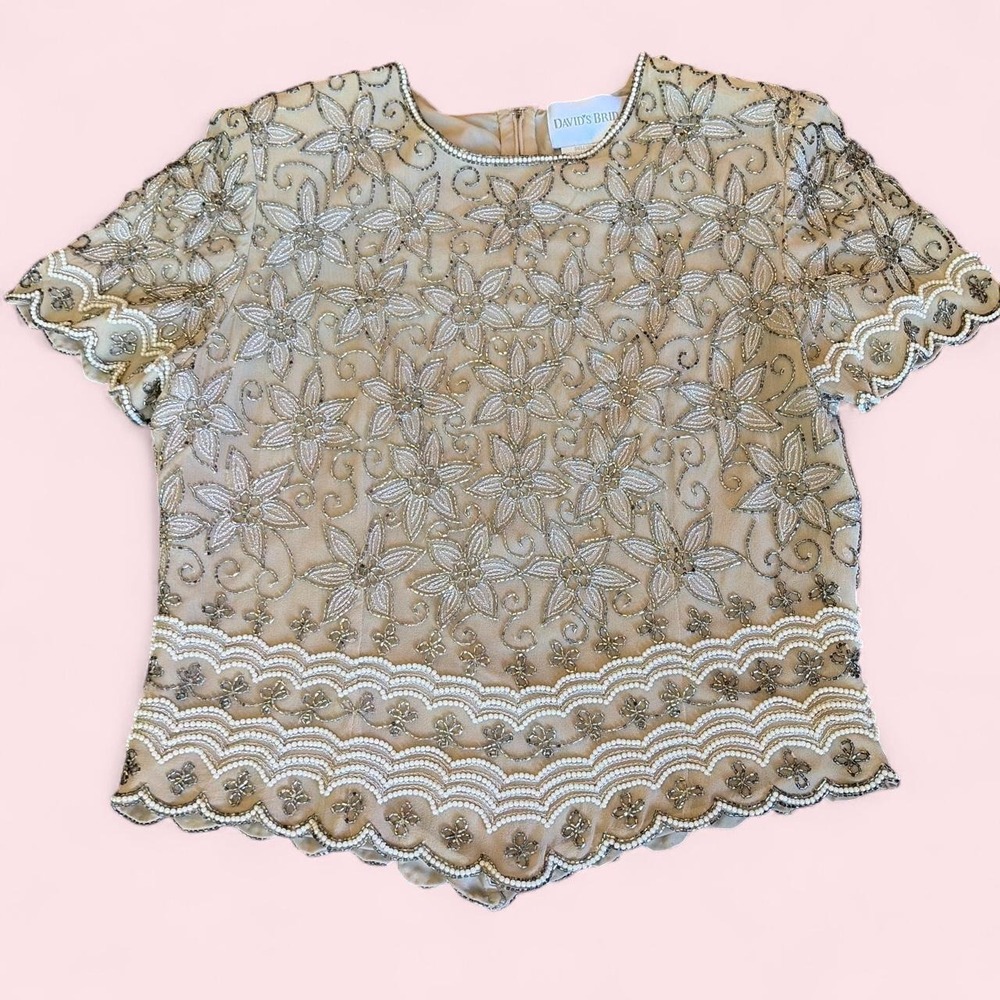 David's Bridal Cream Gold Beaded Floral Top Size 8